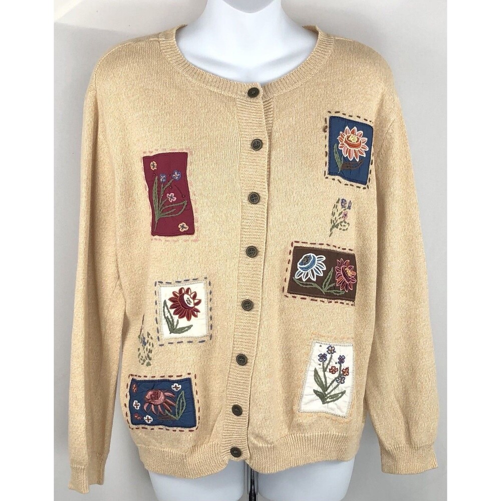Vintage appliqué sweater PS tan floral patchework cardigan longsleeve cottage
